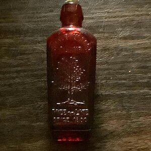 Vtg Straubhullers Red Glass Elixir Nectar Bottle Cork Tree of Life Health Vitali